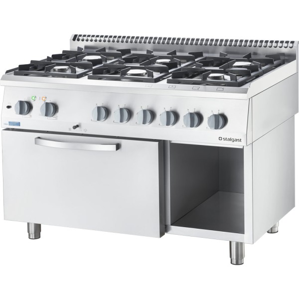 STALGAST Edelstahl Gasherd Basic mit 6 Brennern (3x3,5+3x5), Elektro-Umluft-Backofen GN1/1 und Regal