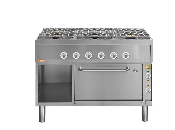 LOCHER 228104 Gasherd, 6 Kochstellen - und Elektro-Bratofen GN 2/1 mit Ober-/Unterhitze