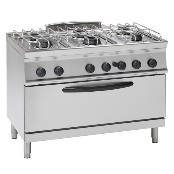 Tecnoinox Gasherd, 6 Brenner mit XXL Gas-Backofen + Grill-Funktion, 37 kW